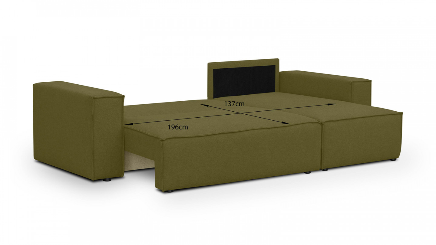 Canapé d'angle convertible réversible 4 places avec coffre de rangement en tissu vert olive - Livia New