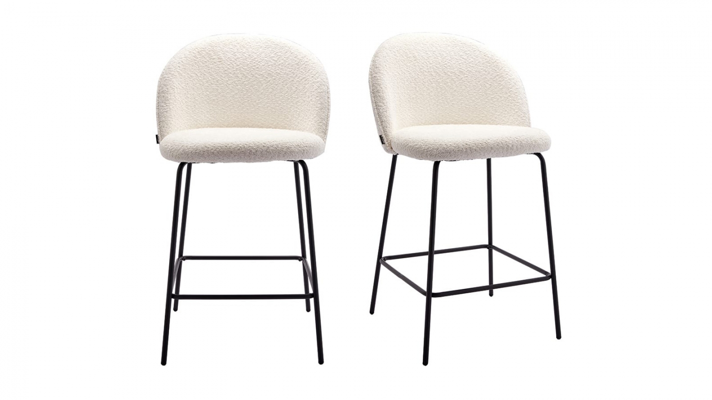 Lot De 2 Tabourets De Bar En Tissu Bouclette - Hauteur 68 Cm, Dossier Courbé, Repose-Pieds - Crème