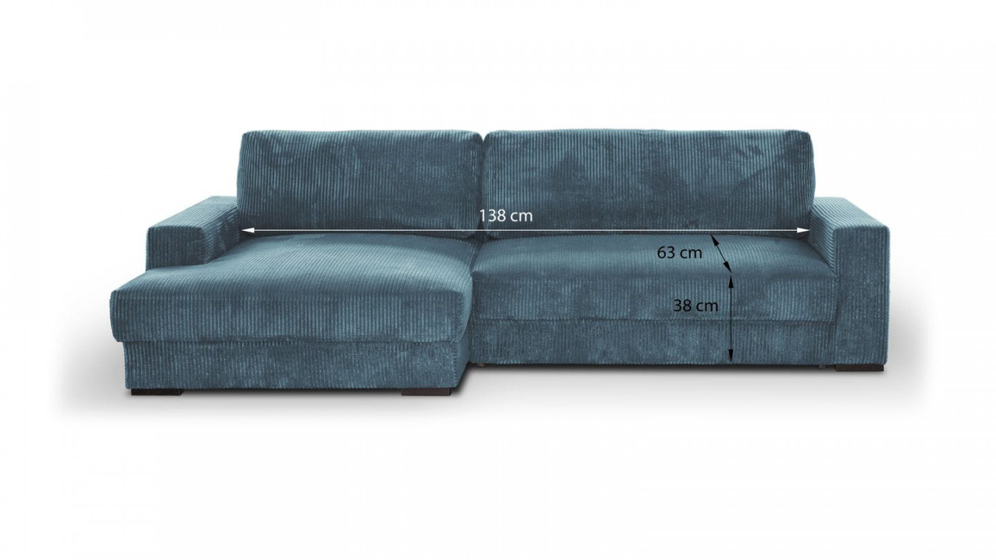 Canapé d'angle gauche convertible 3 places avec coffre de rangement en velours côtelé bleu gris - Arty