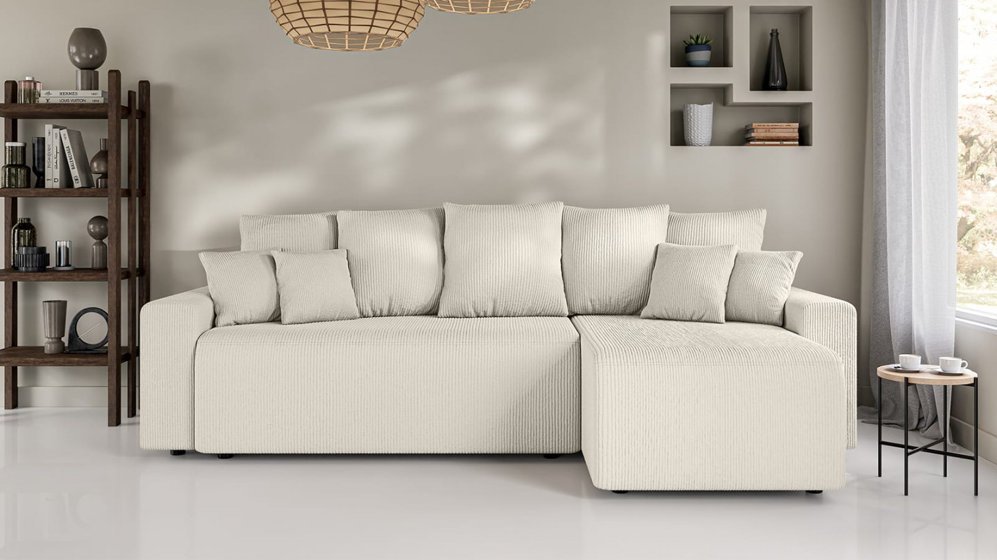 Canapé d'angle réversible convertible 4 places en velours côtelé beige - Lucia