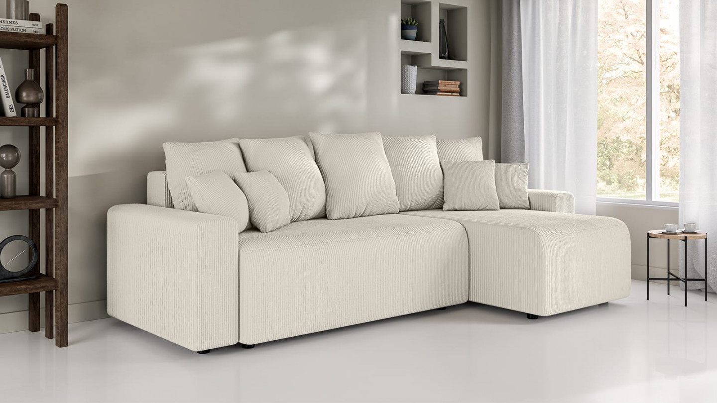 Canapé d'angle réversible convertible 4 places en velours côtelé beige - Lucia