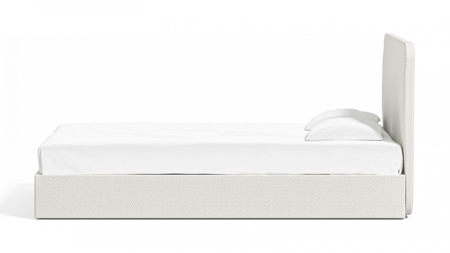 Lit adulte 140 x 190 cm en tissu bouclette blanc avec tête de lit et sommier à lattes - Enzo