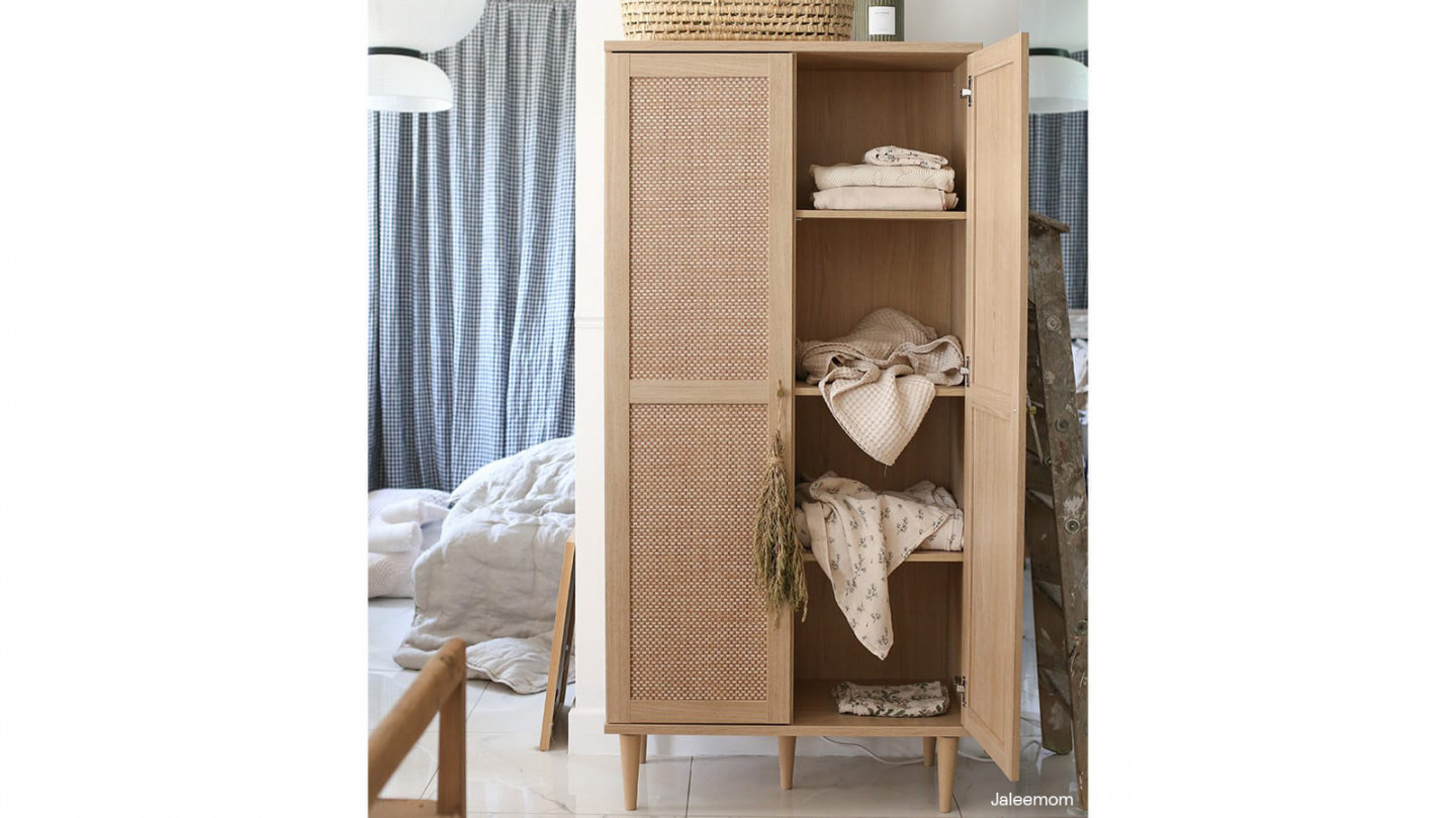 Buffet haut en cannage et effet chêne 80 cm - Luisa