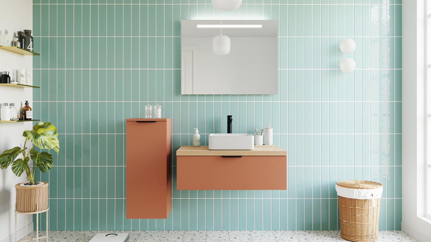 Meuble de salle de bains 90 cm Terracotta - 1 tiroir - vasque carrée - Loft