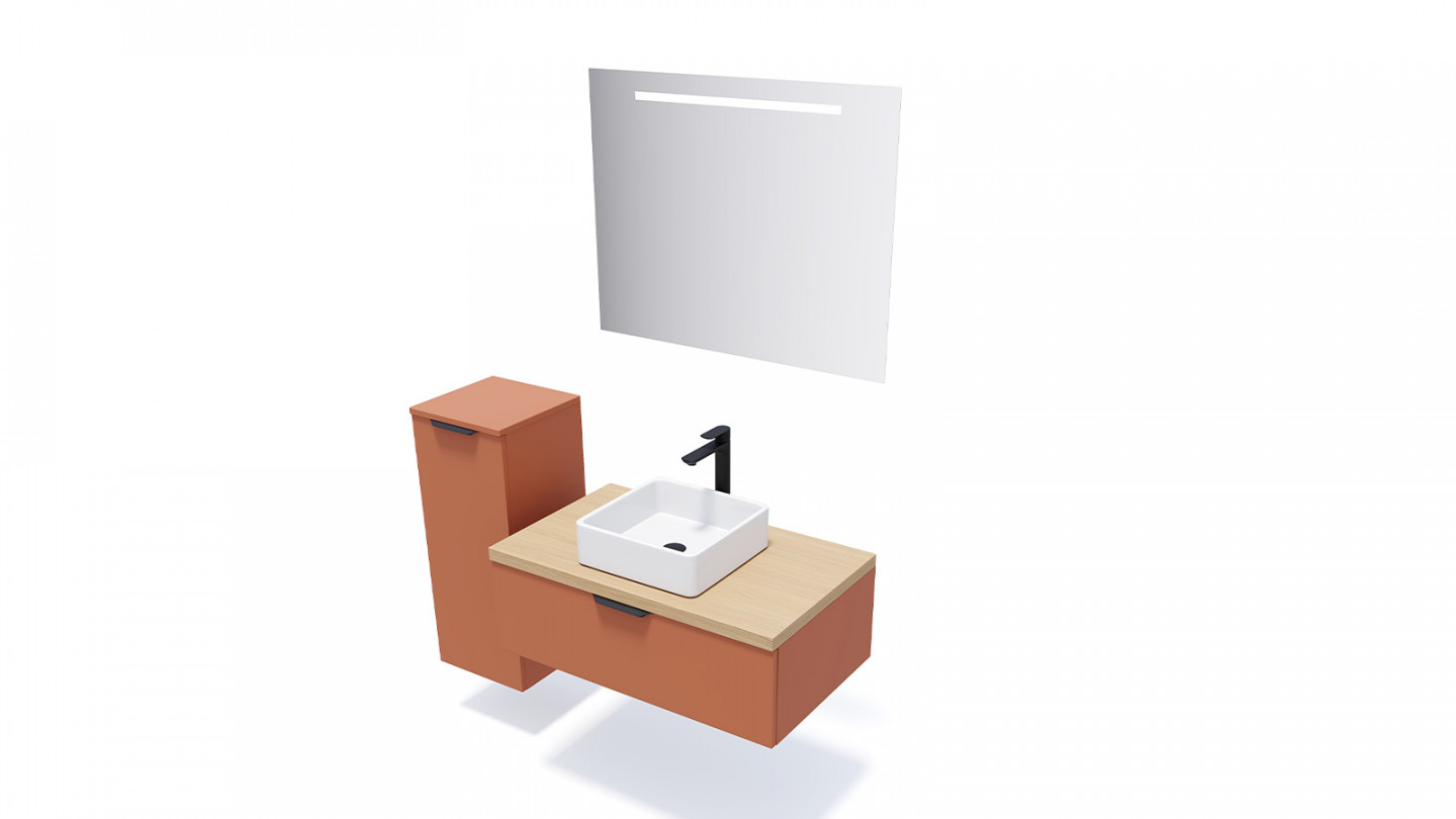 Meuble de salle de bains 90 cm Terracotta - 1 tiroir - vasque carrée + miroir - Loft