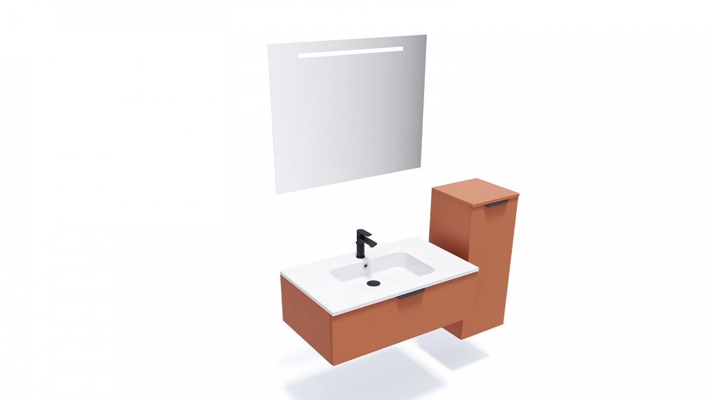 Meuble de salle de bains 90 cm Terracotta - 1 tiroir - simple vasque + miroir + demi-colonne ouverture à droite - Loft
