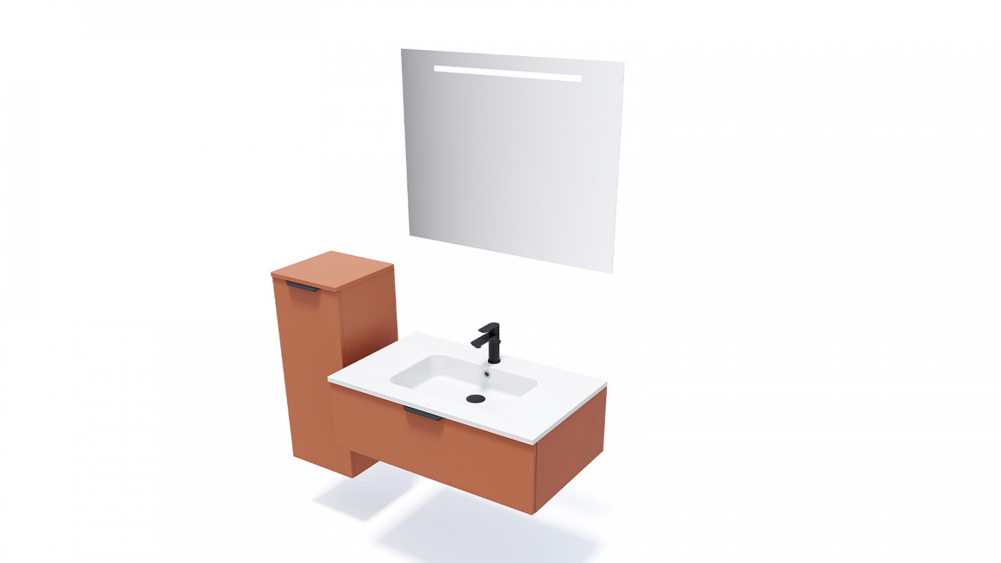Meuble de salle de bains 90 cm Terracotta - 1 tiroir - simple vasque + miroir + demi-colonne ouverture à gauche - Loft