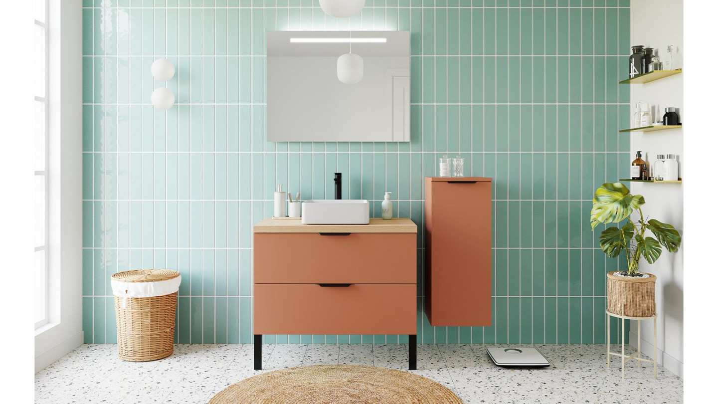 Meuble de salle de bains 90 cm Terracotta - 2 tiroirs - vasque carrée + miroir + demi-colonne ouverture à droite - Loft