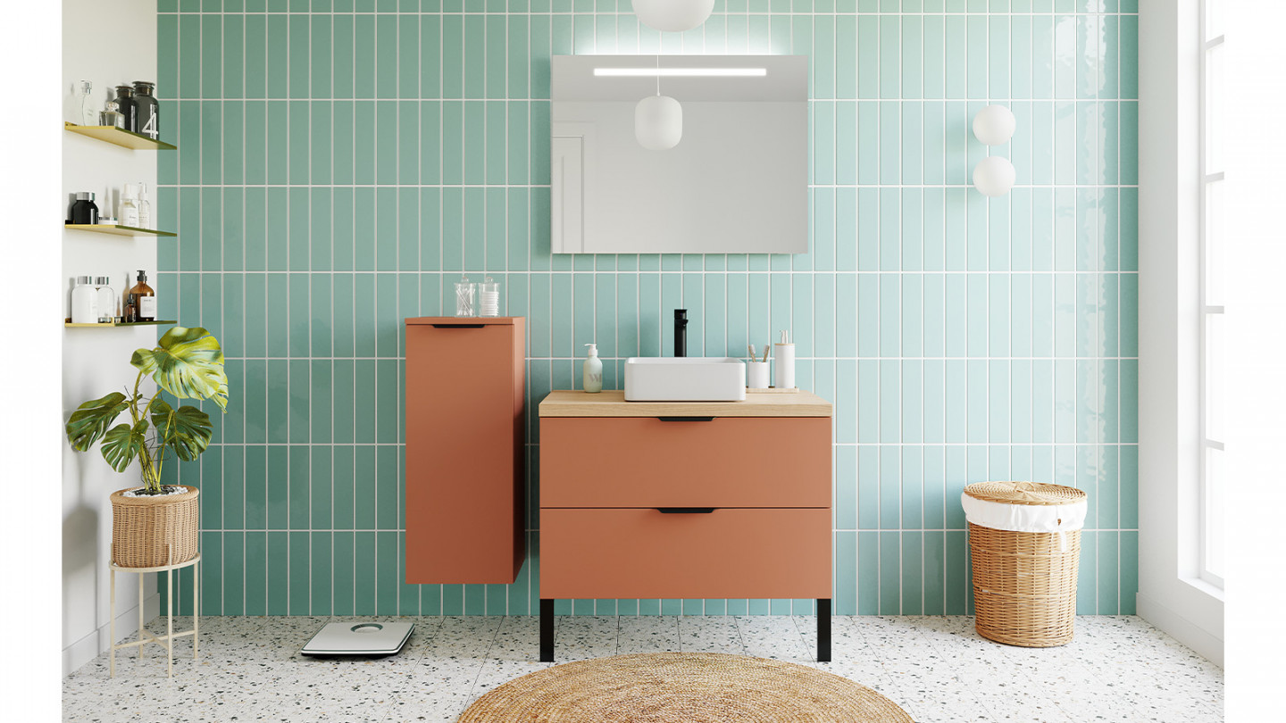 Meuble de salle de bains 90 cm Terracotta - 2 tiroirs - vasque carrée + miroir + demi-colonne ouverture à gauche - Loft