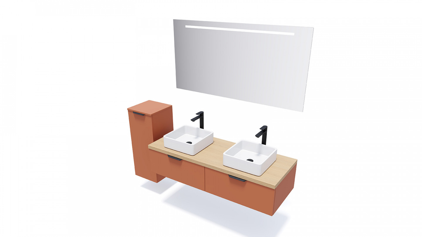 Meuble de salle de bains 140 cm Terracotta - 2 tiroirs - 2 vasques carrées + miroir + demi-colonne ouverture à gauche - Loft