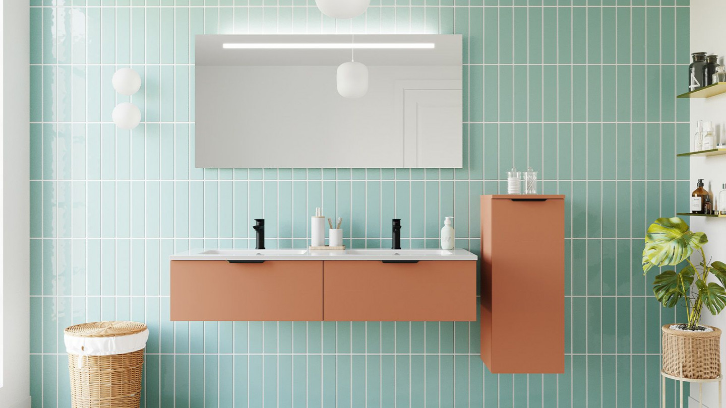 Meuble de salle de bains 140 cm Terracotta - 2 tiroirs - double vasque + miroir + demi-colonne ouverture à droite - Loft