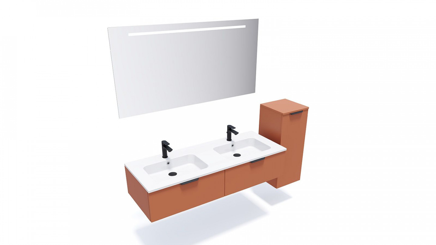 Meuble de salle de bains 140 cm Terracotta - 2 tiroirs - double vasque + miroir + demi-colonne ouverture à droite - Loft