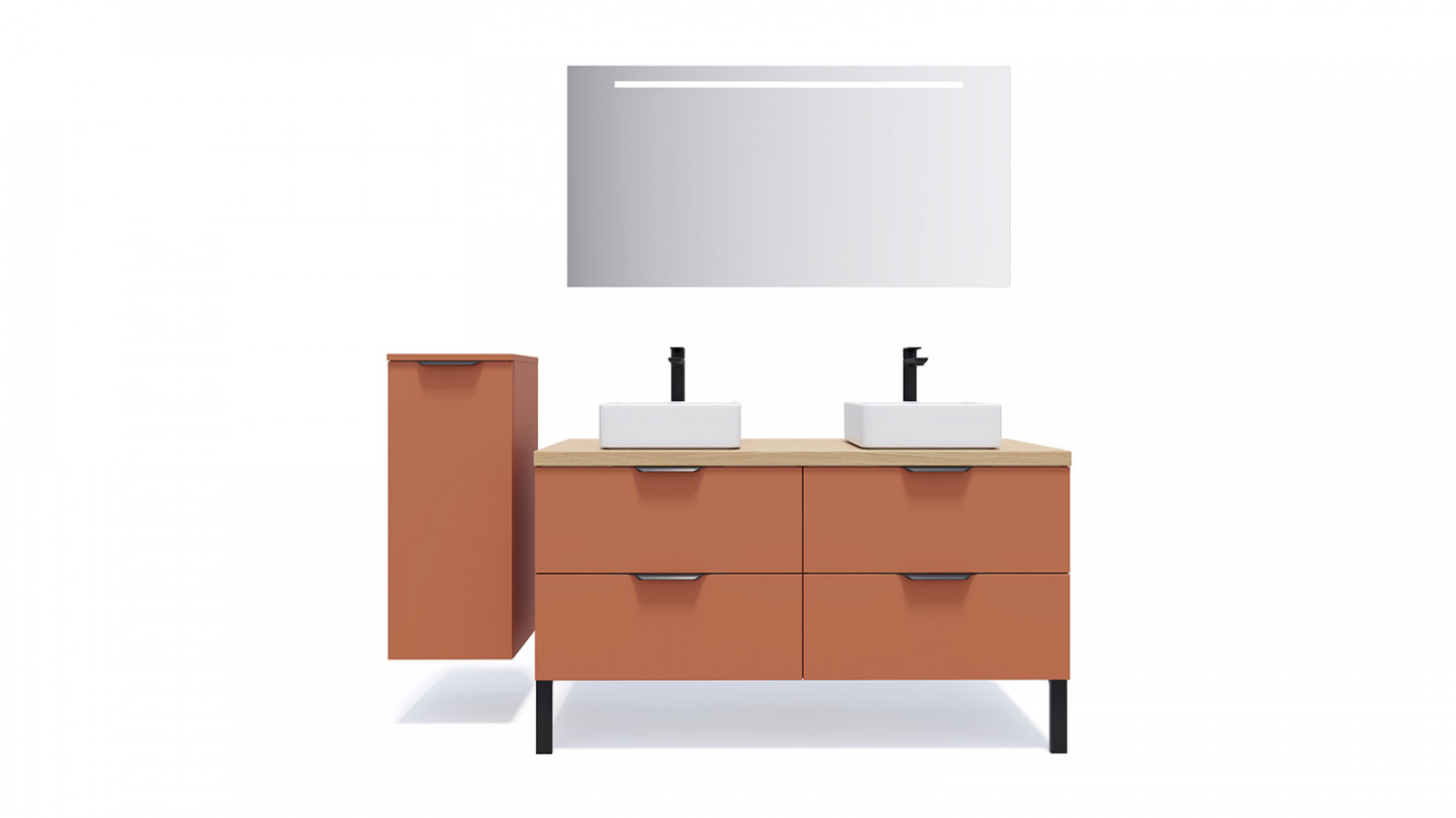 Meuble de salle de bains 140 cm Terracotta - 4 tiroirs - 2 vasques carrées - Loft