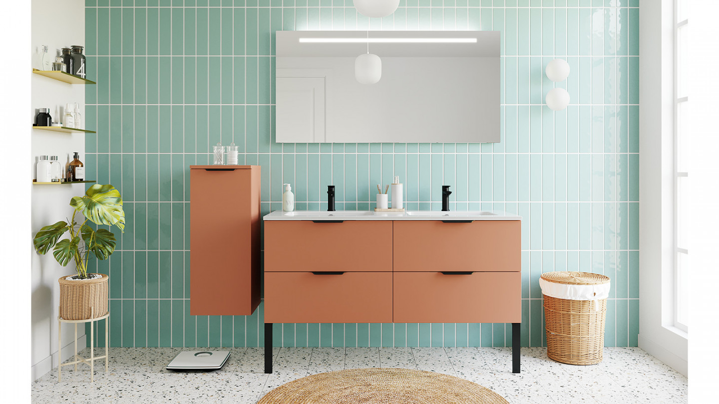 Meuble de salle de bain suspendu double vasque intégrée 140cm 4 tiroirs