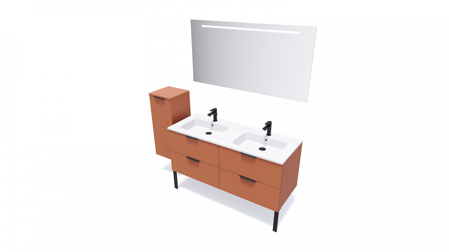 Meuble de salle de bains 140 cm Terracotta - 4 tiroirs - double vasque + miroir - Loft