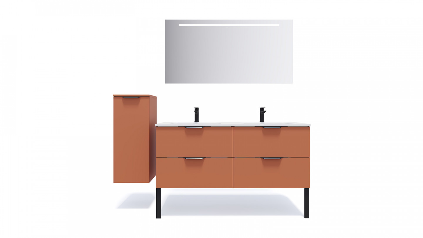 Meuble de salle de bains 140 cm Terracotta - 4 tiroirs - double vasque + miroir - Loft