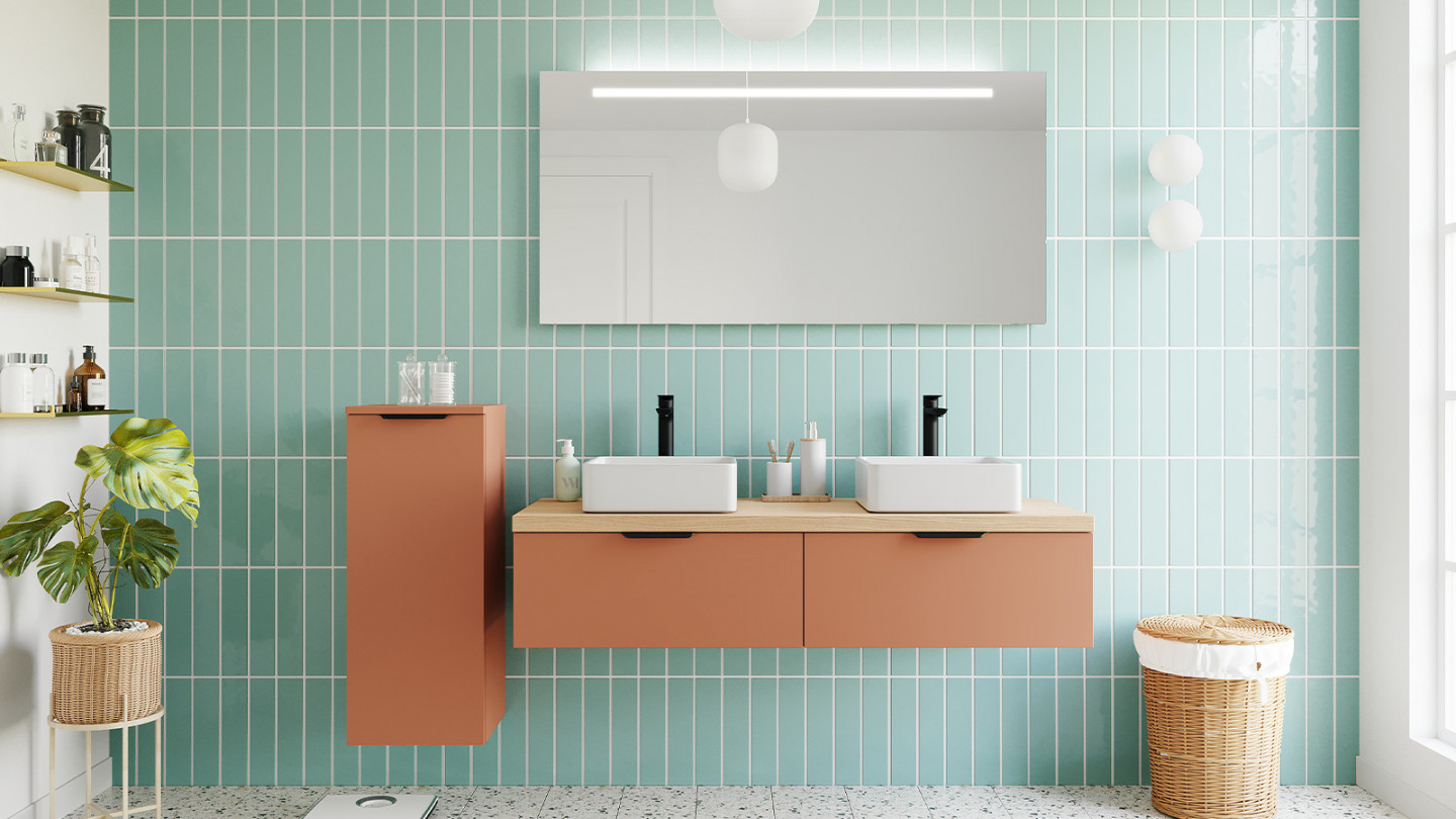 Meuble de salle de bain suspendu 2 vasques à poser 140cm 2 tiroirs
