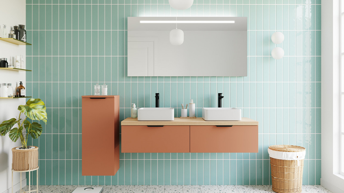 Meuble de salle de bains 140 cm Terracotta - 2 tiroirs - 2 vasques carrées + miroir - Loft