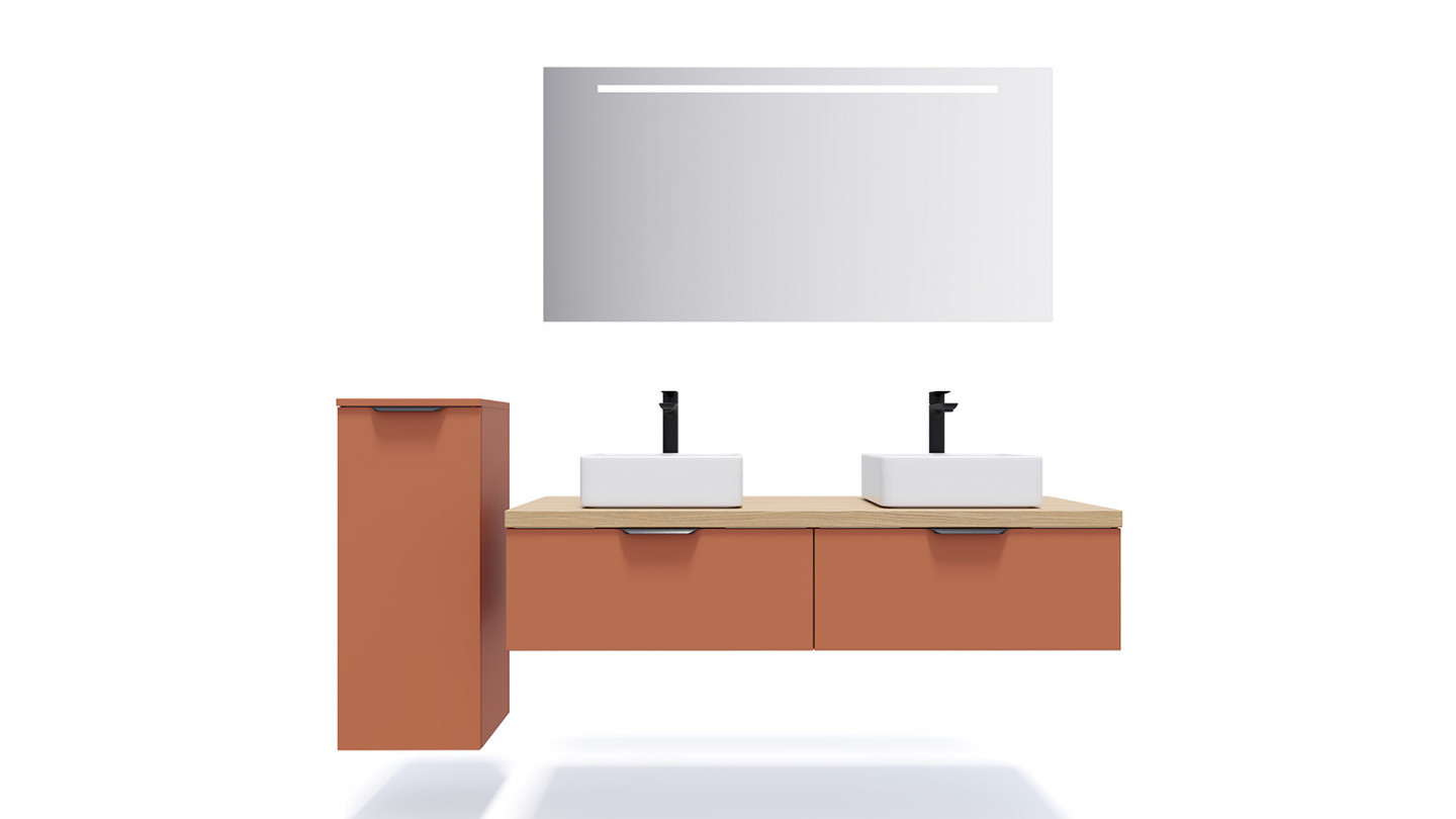 Meuble de salle de bains 140 cm Terracotta - 2 tiroirs - 2 vasques carrées + miroir - Loft