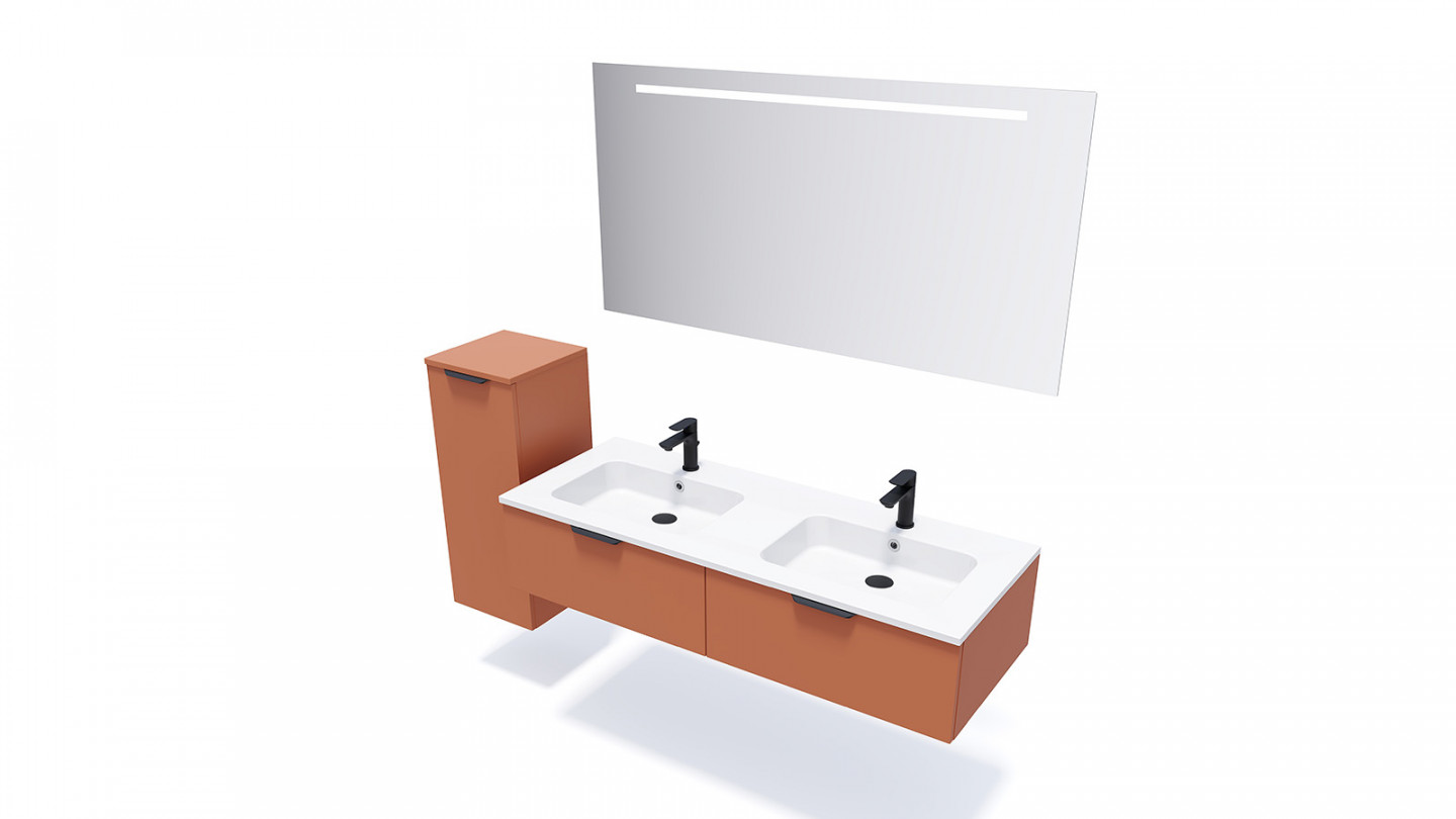 Meuble de salle de bains 140 cm Terracotta - 2 tiroirs - double vasque + miroir - Loft
