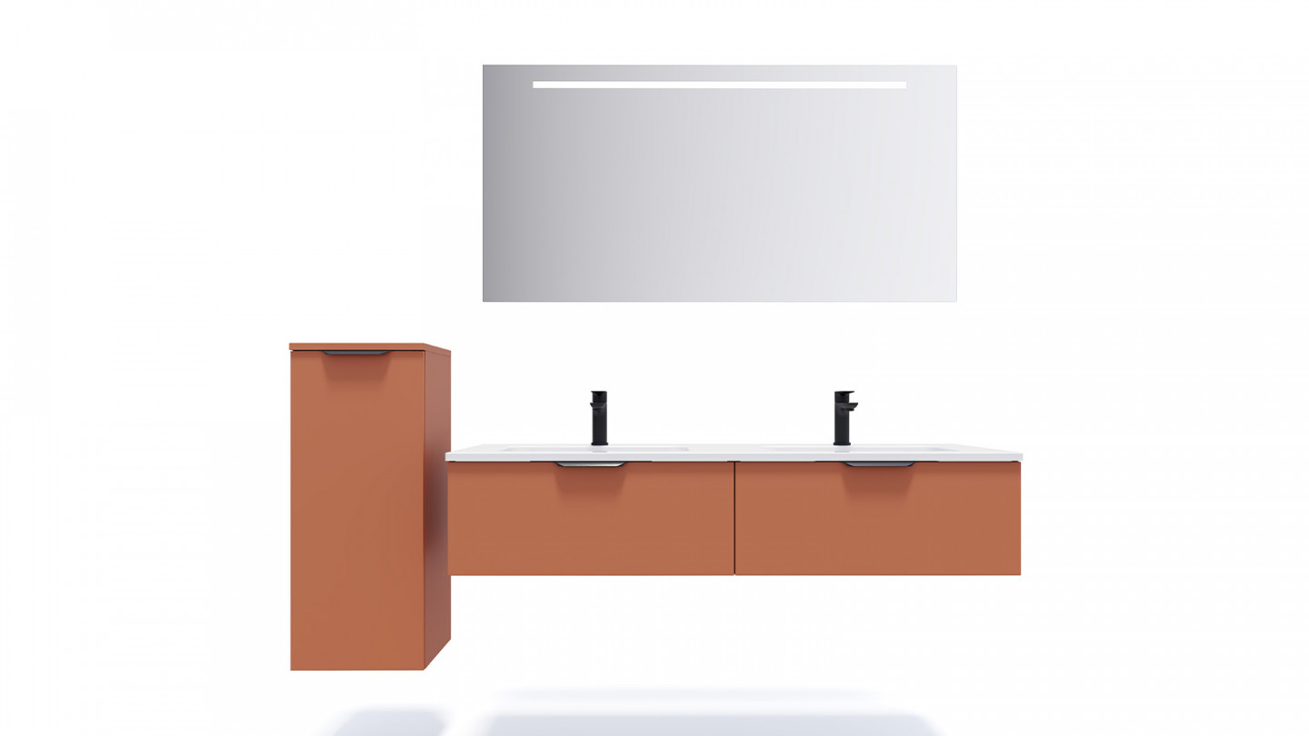 Meuble de salle de bains 140 cm Terracotta - 2 tiroirs - double vasque + miroir - Loft