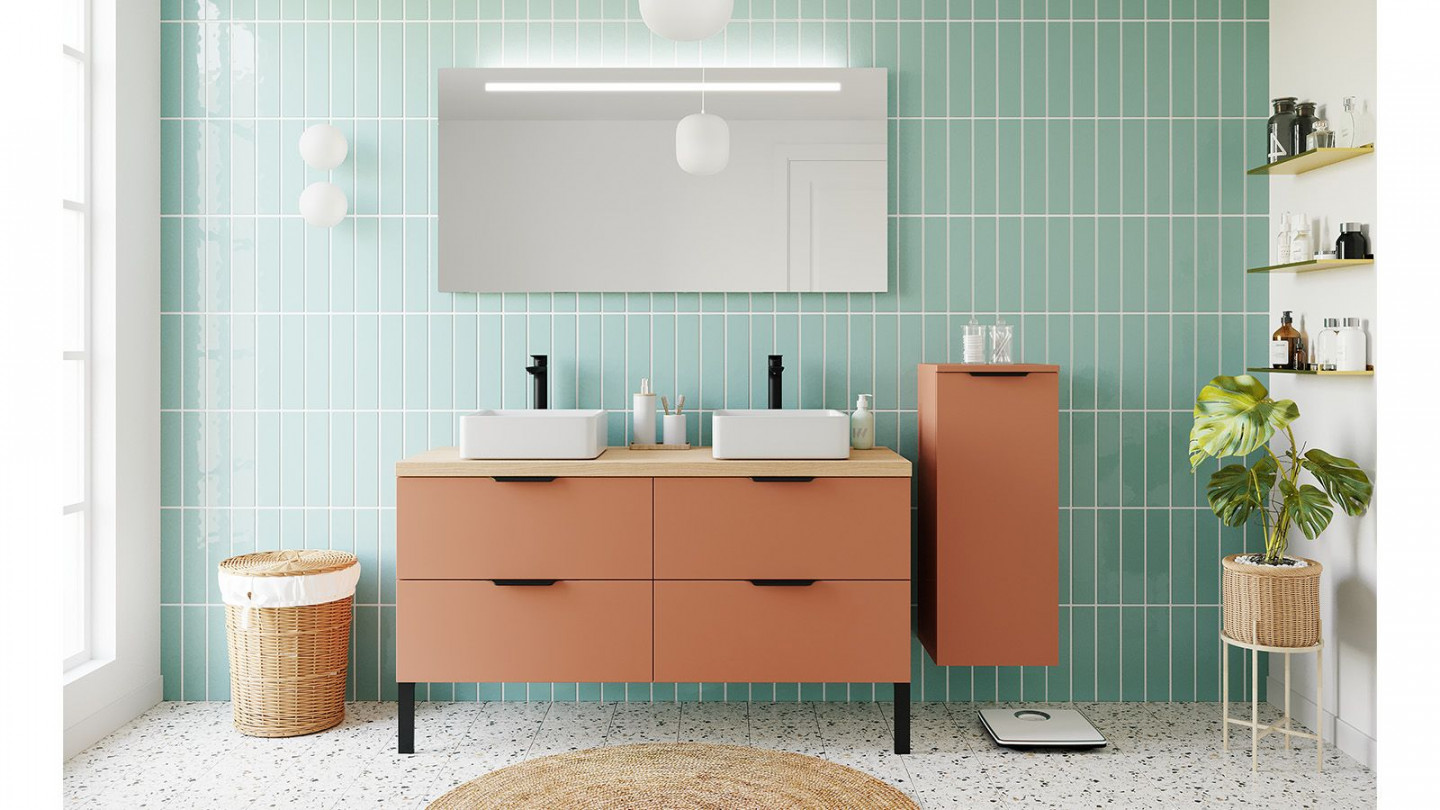 Meuble de salle de bains 140 cm Terracotta - 4 tiroirs - 2 vasques carrées + miroir + demi-colonne ouverture à droite - Loft