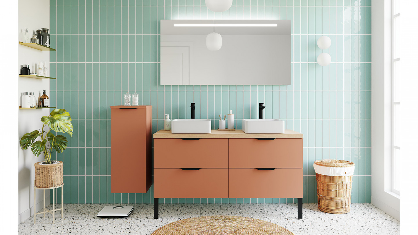 Meuble de salle de bains 140 cm Terracotta - 4 tiroirs - 2 vasques carrées + miroir + demi-colonne ouverture à gauche - Loft
