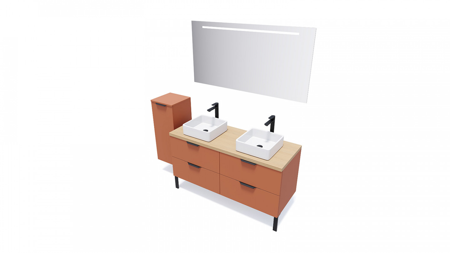 Meuble de salle de bains 140 cm Terracotta - 4 tiroirs - 2 vasques carrées + miroir + demi-colonne ouverture à gauche - Loft
