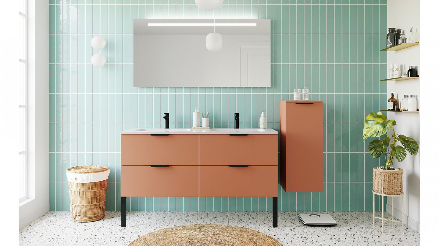 Meuble de salle de bain suspendu double vasque intégrée 140cm 4 tiroirs