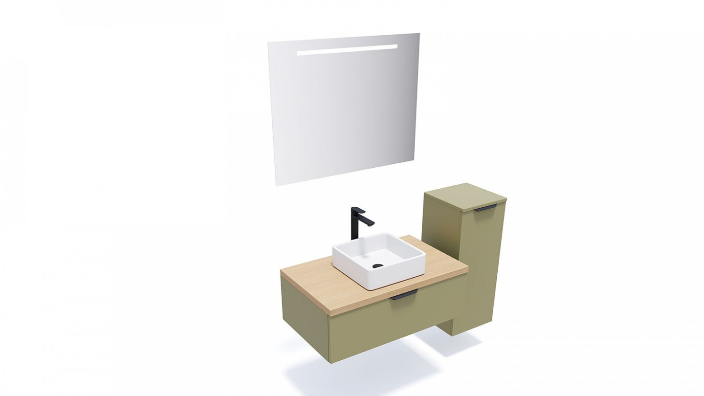 Meuble de salle de bains 90 cm Olive - 1 tiroir - vasque carrée + miroir + demi-colonne ouverture à droite - Loft