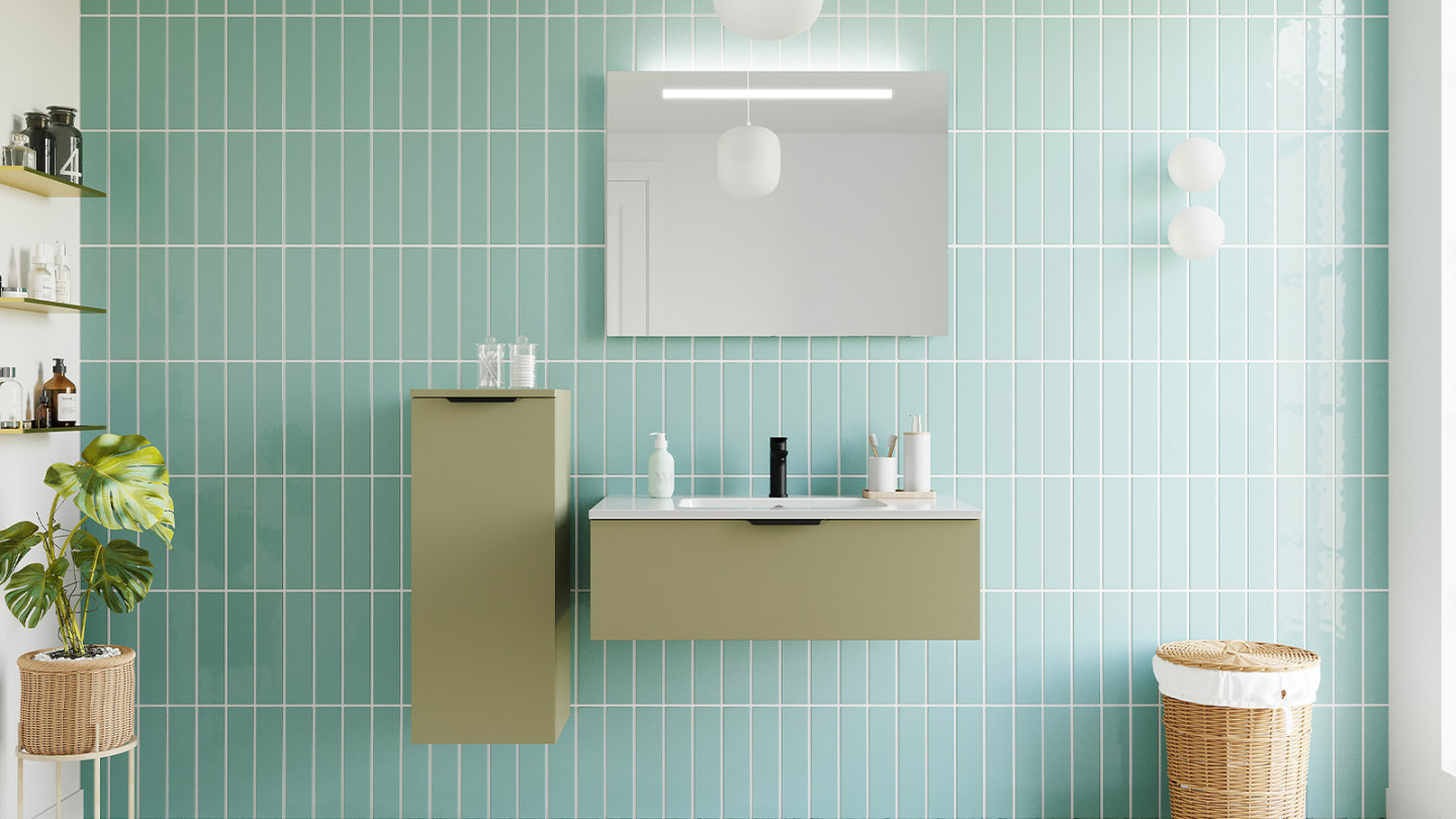 Meuble de salle de bains 90 cm Olive - 1 tiroir - simple vasque + miroir + demi-colonne ouverture à gauche - Loft