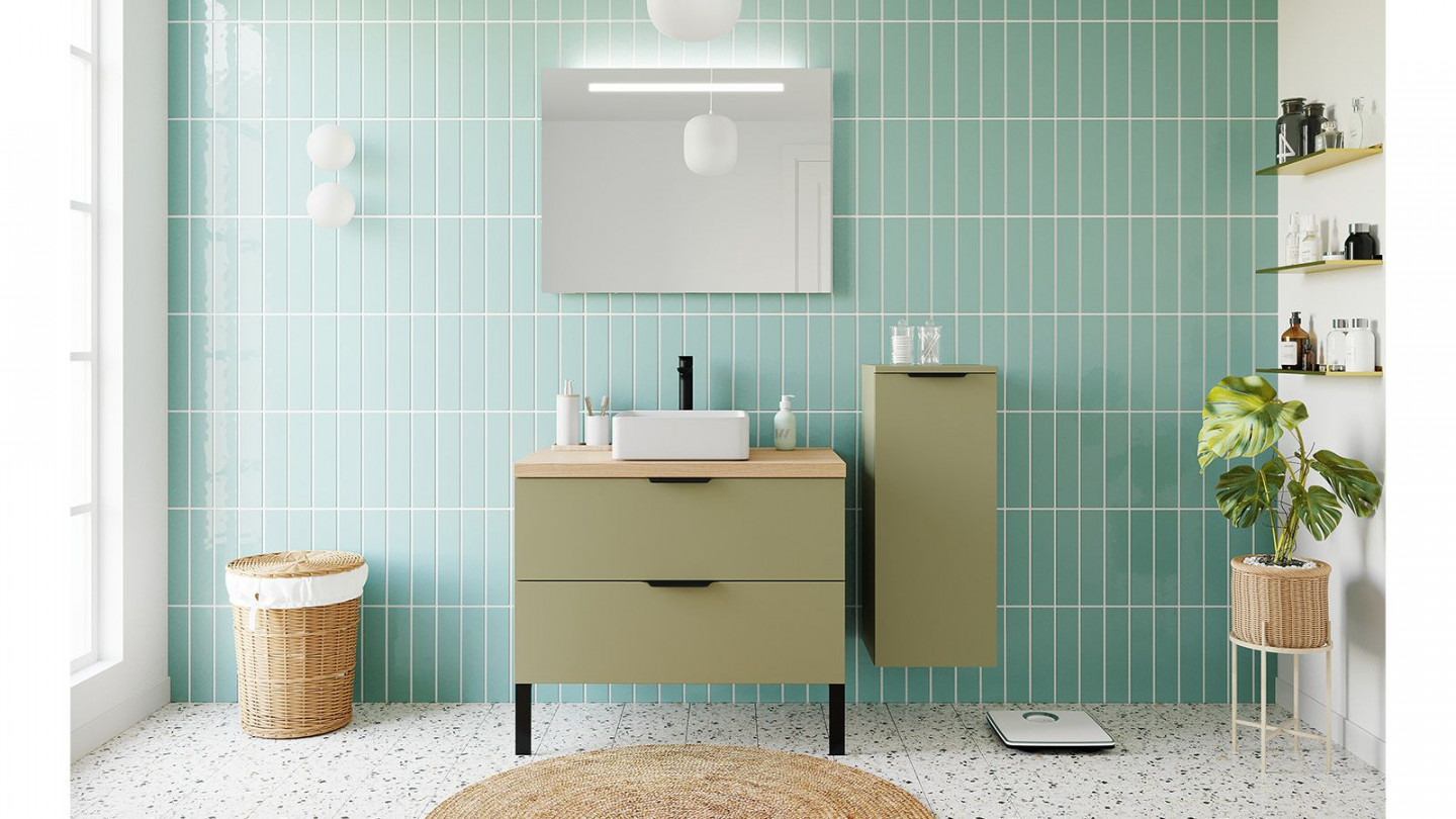 Meuble de salle de bains 90 cm Olive - 2 tiroirs - vasque carrée + miroir + demi-colonne ouverture à droite - Loft