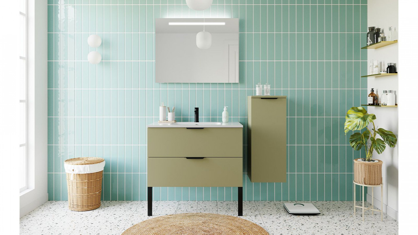 Meuble de salle de bains 90 cm Olive - 2 tiroirs - simple vasque + miroir + demi-colonne ouverture à droite - Loft