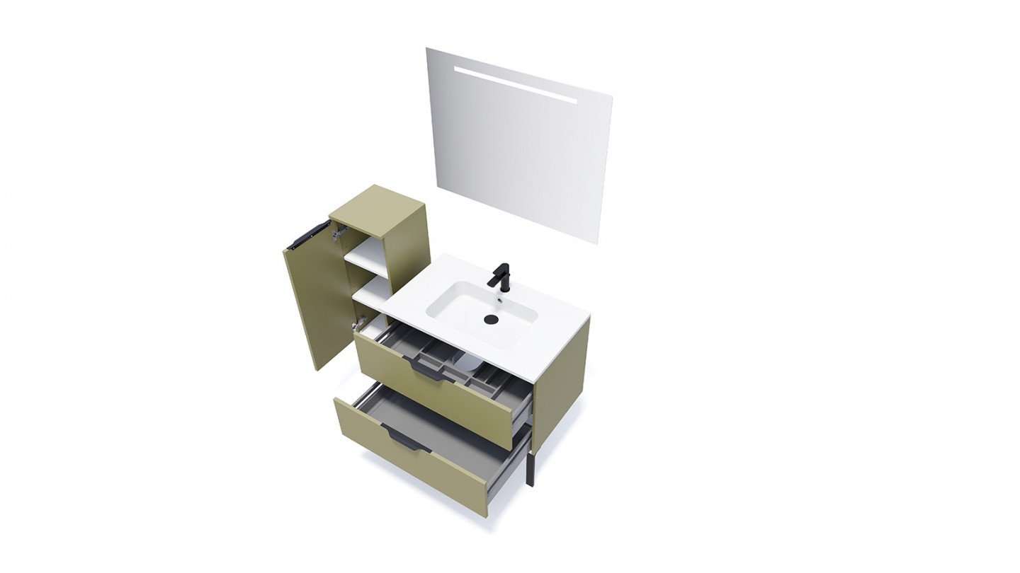 Meuble de salle de bains 90 cm Olive - 2 tiroirs - simple vasque + miroir + demi-colonne ouverture à gauche - Loft