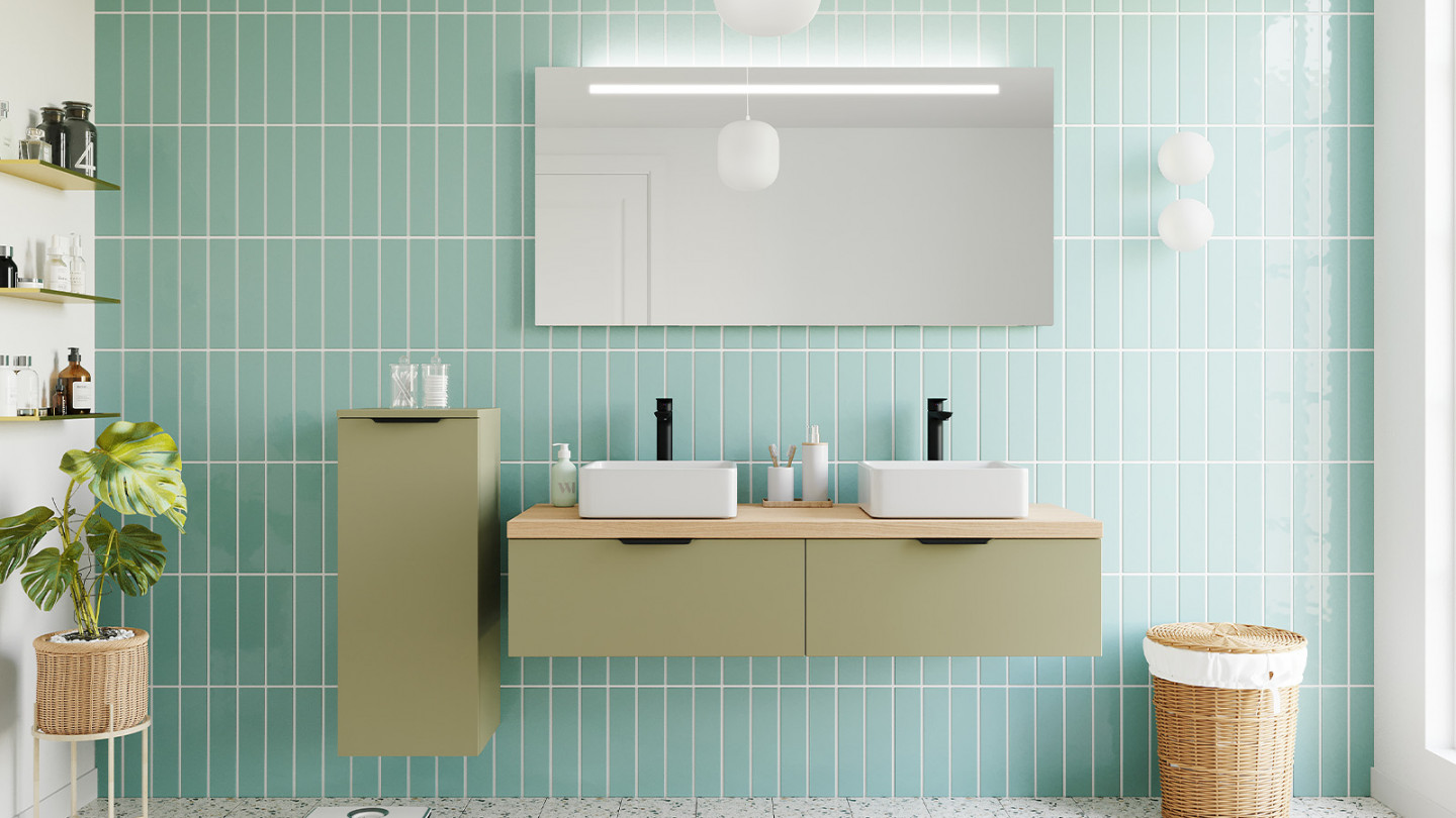 Meuble de salle de bains 140 cm Olive - 2 tiroirs - 2 vasques carrées + miroir - Loft
