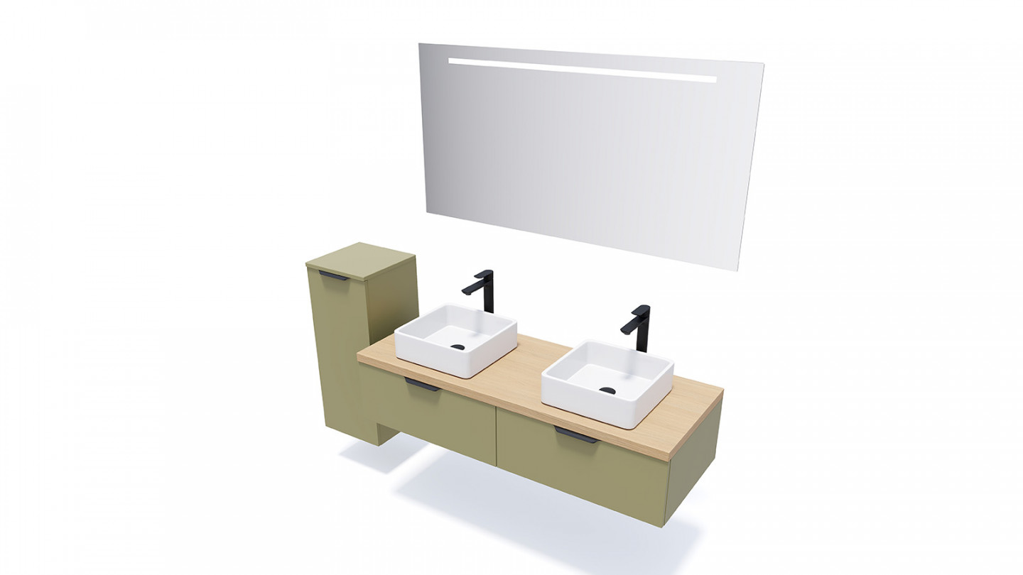 Meuble de salle de bains 140 cm Olive - 2 tiroirs - 2 vasques carrées + miroir - Loft