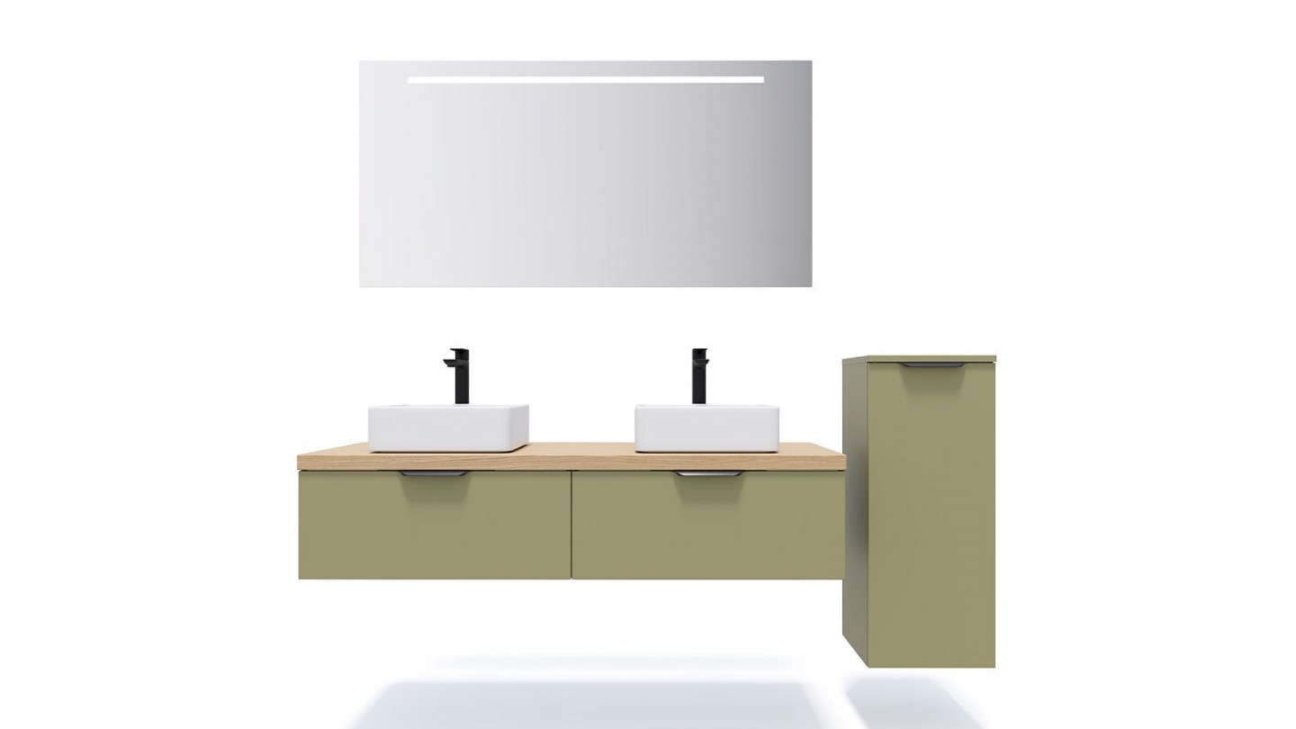 Meuble de salle de bains 140 cm Olive - 2 tiroirs - 2 vasques carrées + miroir + demi-colonne ouverture à droite - Loft