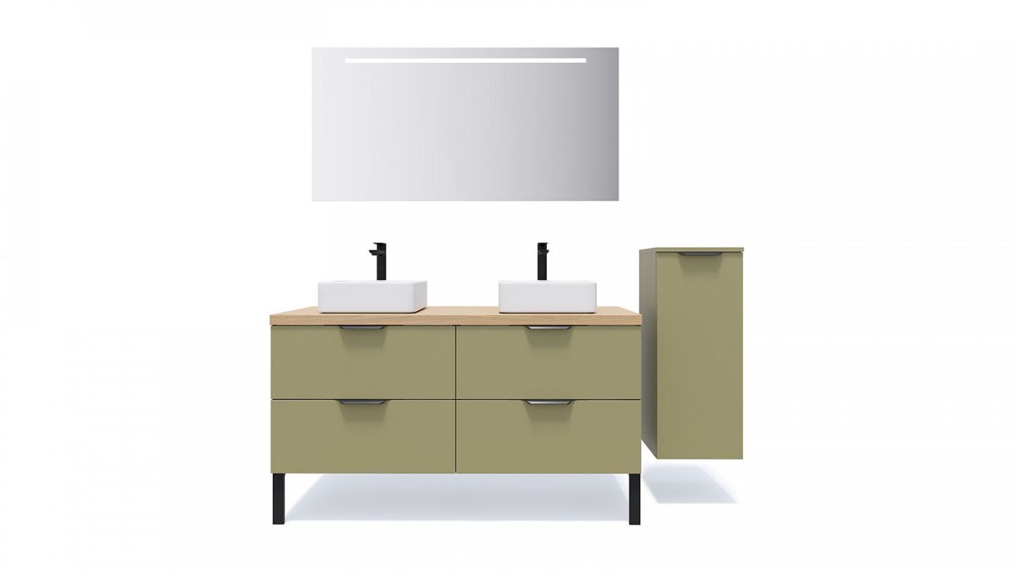 Meuble de salle de bains 140 cm Olive - 4 tiroirs - 2 vasques carrées + miroir + demi-colonne ouverture à droite - Loft