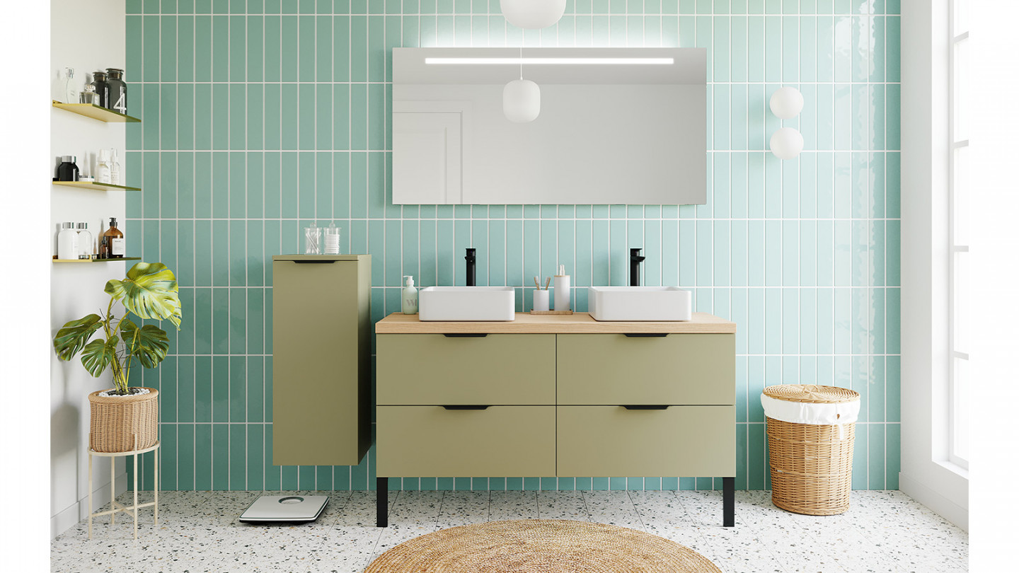 Meuble de salle de bains 140 cm Olive - 4 tiroirs - 2 vasques carrées + miroir + demi-colonne ouverture à gauche - Loft