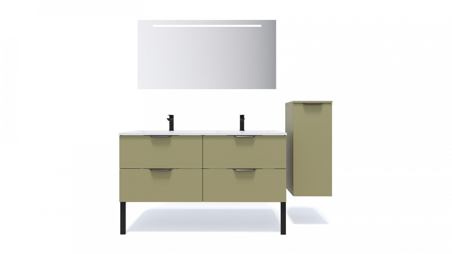 Meuble de salle de bains 140 cm Olive - 4 tiroirs - double vasque + miroir + demi-colonne ouverture à droite - Loft