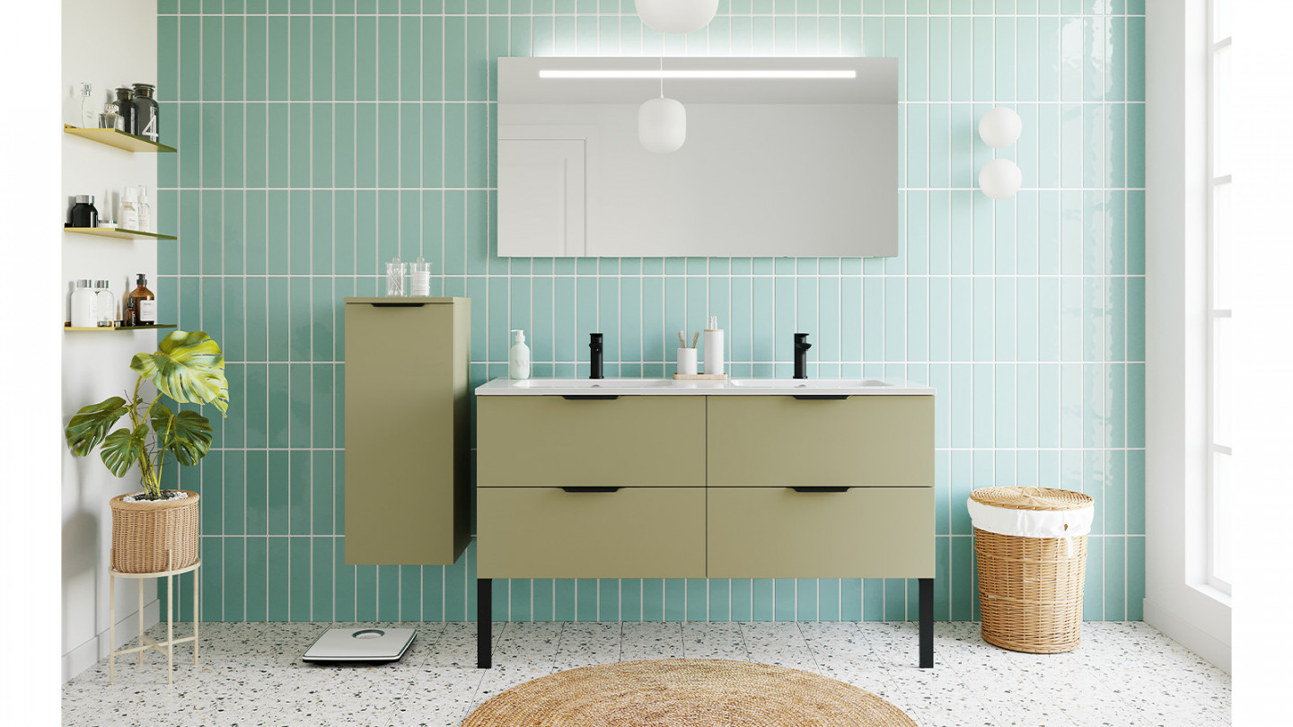 Meuble de salle de bains 140 cm Olive - 4 tiroirs - double vasque + miroir + demi-colonne ouverture à gauche - Loft