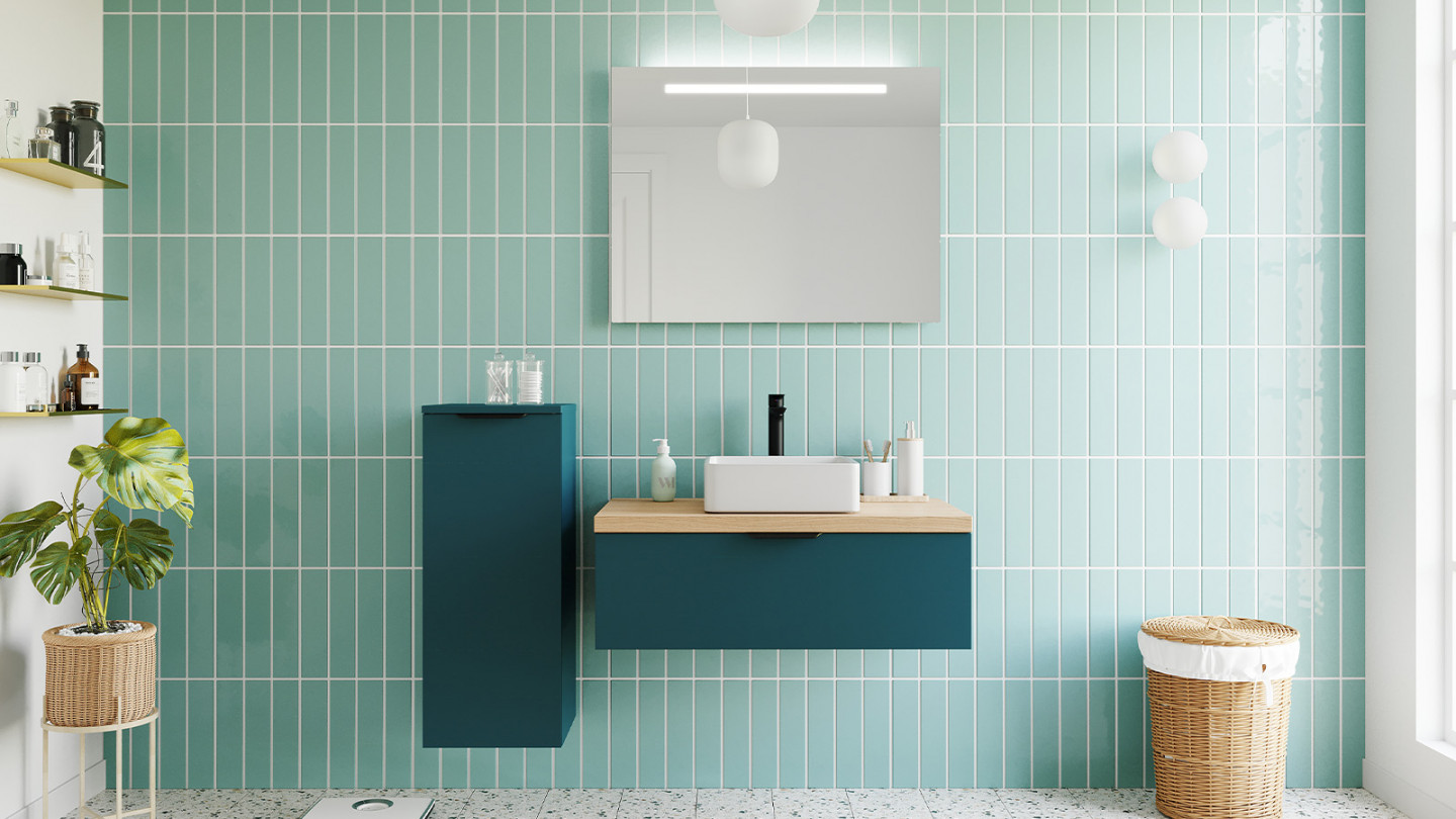 Meuble de salle de bains 90 cm Tropical - 1 tiroir - vasque carrée + miroir - Loft