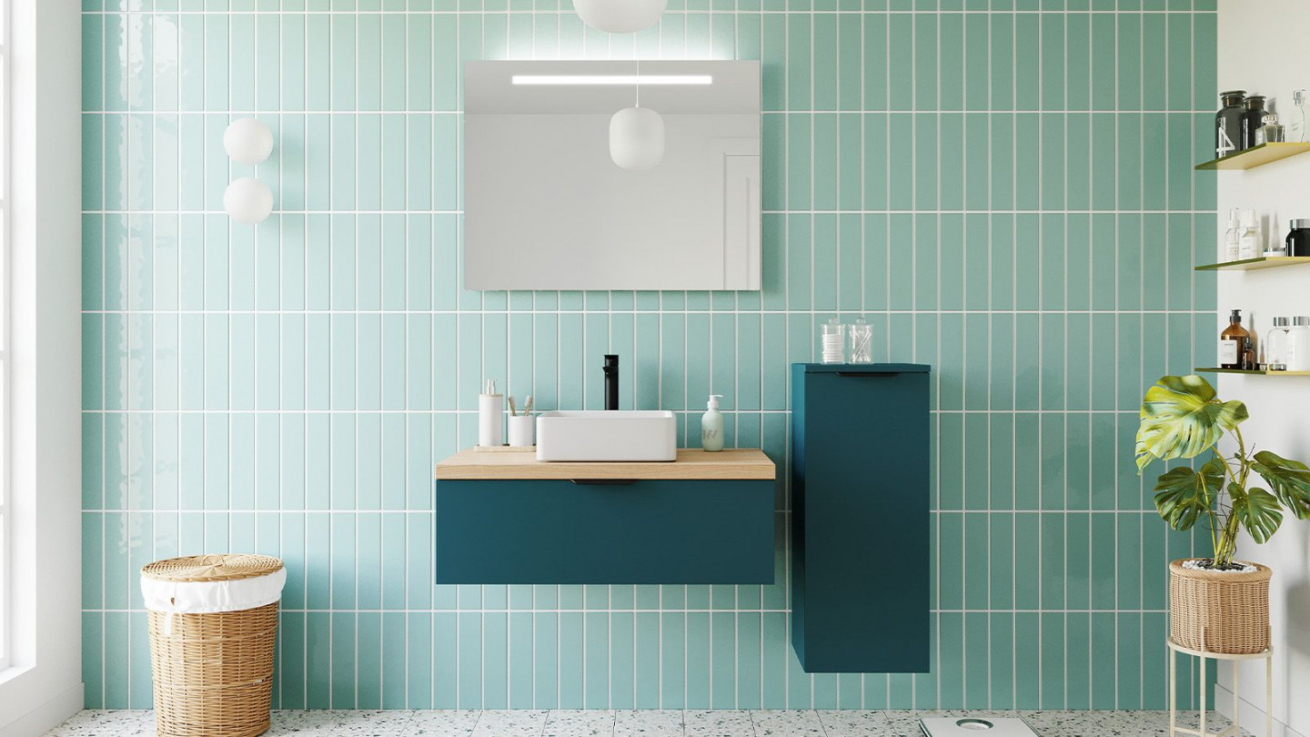 Meuble de salle de bains 90 cm Tropical - 1 tiroir - vasque carrée + miroir + demi-colonne ouverture à droite - Loft
