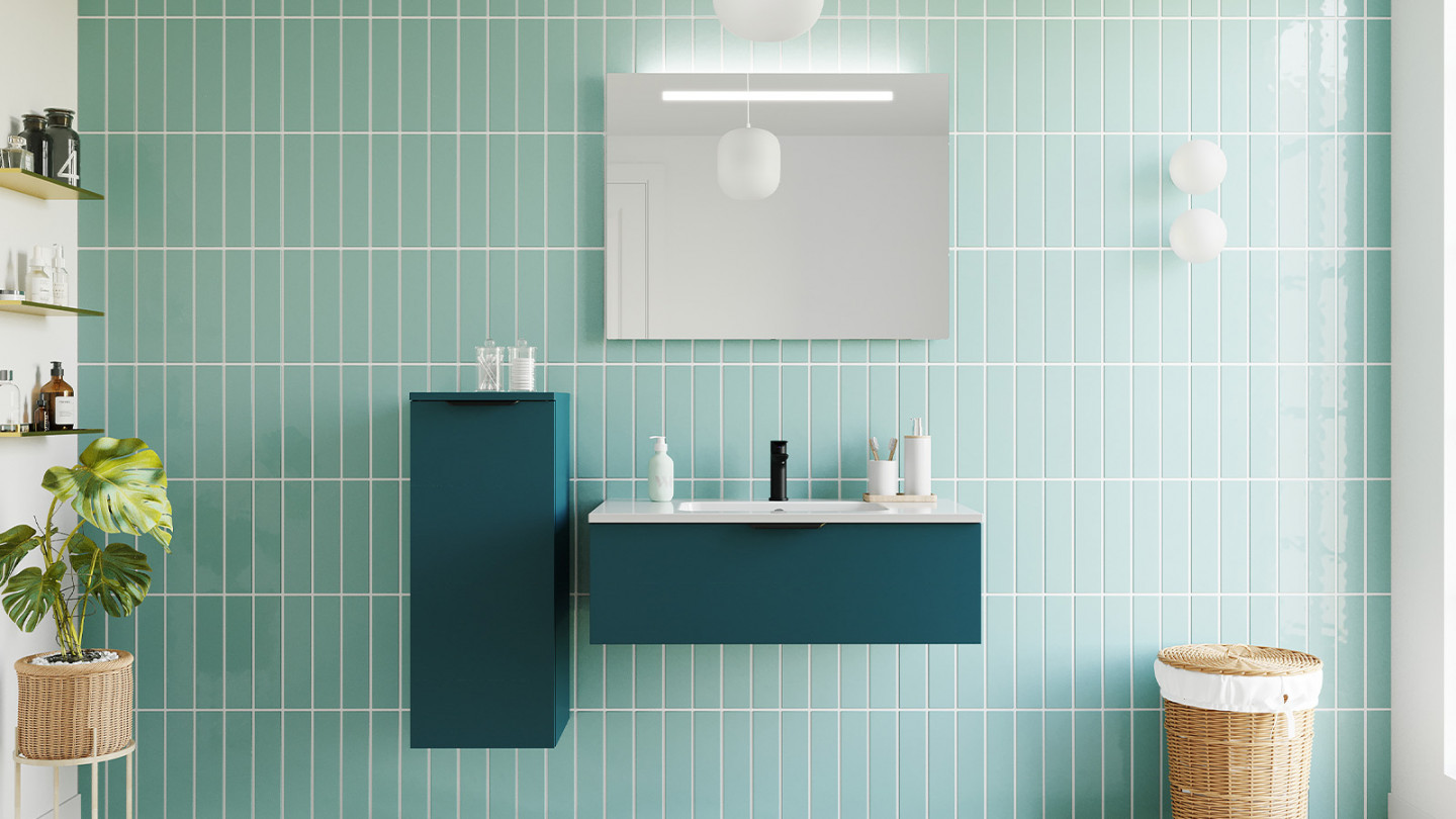Meuble de salle de bains 90 cm Tropical - 1 tiroir - simple vasque + miroir + demi-colonne ouverture à gauche - Loft