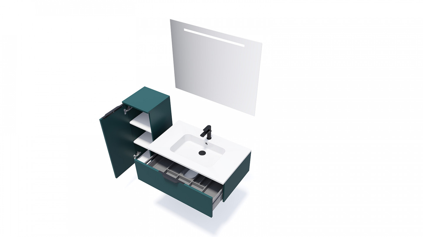 Meuble de salle de bains 90 cm Tropical - 1 tiroir - simple vasque + miroir + demi-colonne ouverture à gauche - Loft