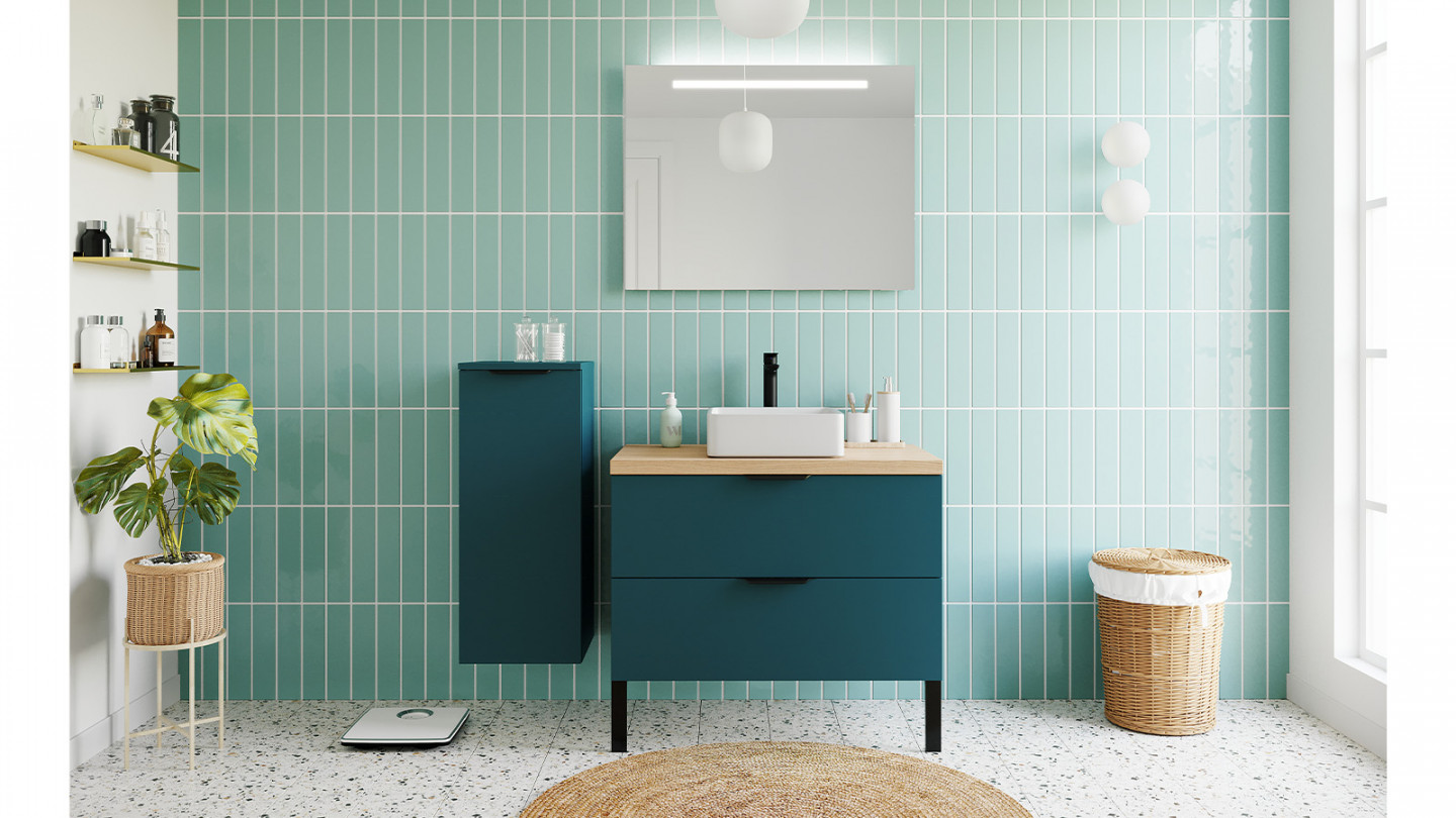 Meuble de salle de bains 90 cm Tropical - 2 tiroirs - vasque carrée + miroir - Loft