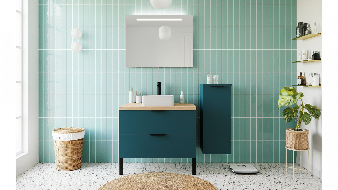 Meuble de salle de bains 90 cm Tropical - 2 tiroirs - vasque carrée + miroir + demi-colonne ouverture à droite - Loft