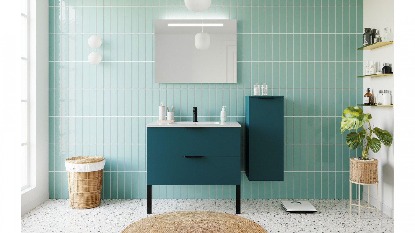 Meuble de salle de bains 90 cm Tropical - 2 tiroirs - simple vasque + miroir + demi-colonne ouverture à droite - Loft