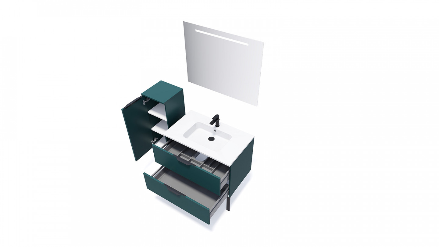 Meuble de salle de bains 90 cm Tropical - 2 tiroirs - simple vasque + miroir + demi-colonne ouverture à gauche - Loft
