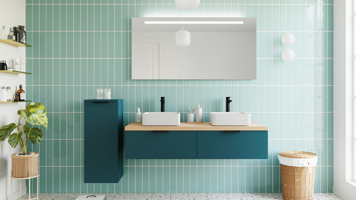 Meuble de salle de bains 140 cm Tropical - 2 tiroirs - 2 vasques carrées + miroir - Loft